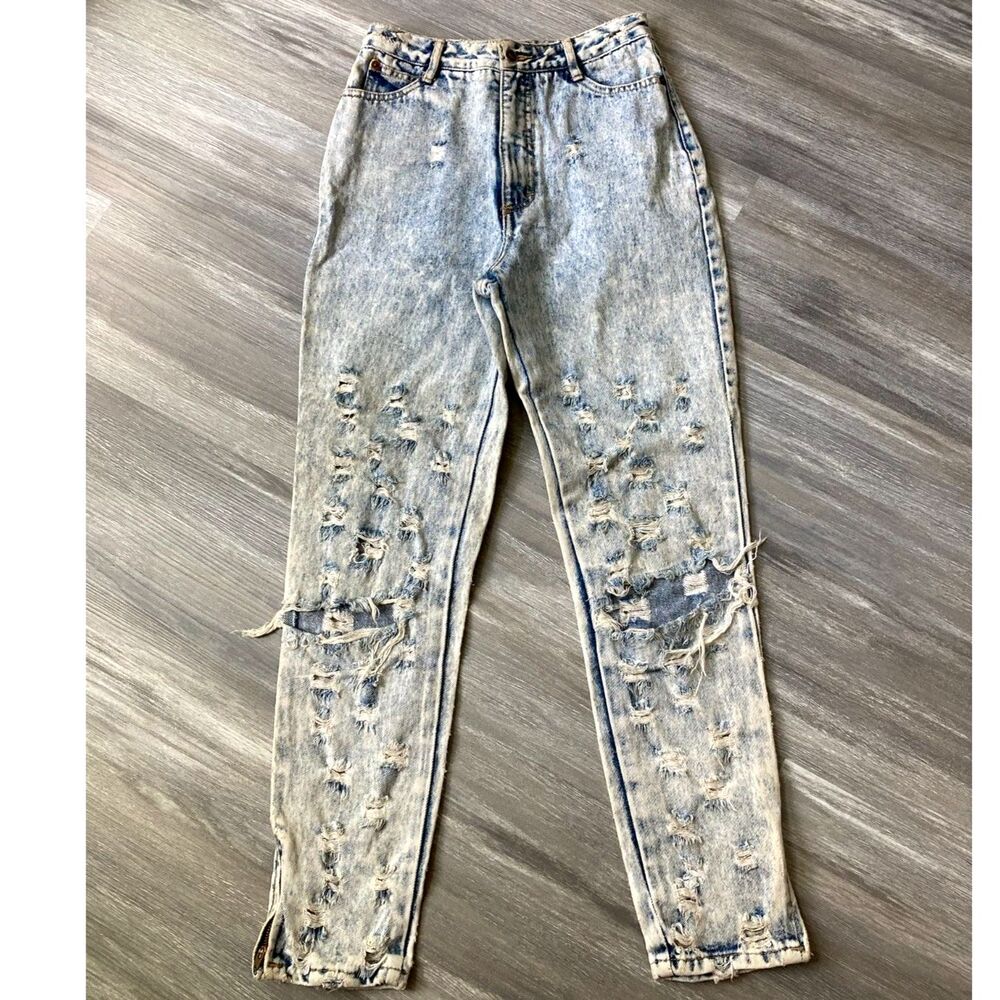 Vintage 80s Unionbay USA Made Acid Wash Heavily Distressed Ankle Zip Jeans 25x27